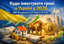 Ілюстрація варіантів інвестування в Україні у 2026 році: акції, криптовалюта, нерухомість, гроші, графіки зростання та фінансові активи