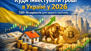 Ілюстрація варіантів інвестування в Україні у 2026 році: акції, криптовалюта, нерухомість, гроші, графіки зростання та фінансові активи