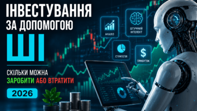 Інвестування за допомогою штучного інтелекту у 2026 році — робот аналізує фінансові графіки та прогнозує прибуток і ризики інвестування